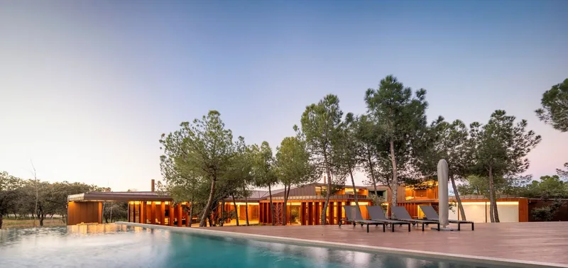 Pool terrace with timber decking and glazed volumes illuminated at twilight among scattered pine trees