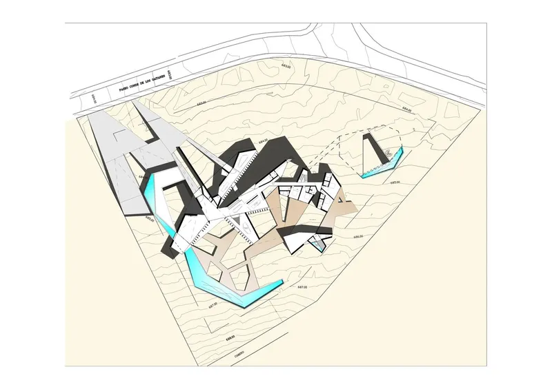 Axonometric site plan drawing showing angular building volumes around a central courtyard with topographic contours