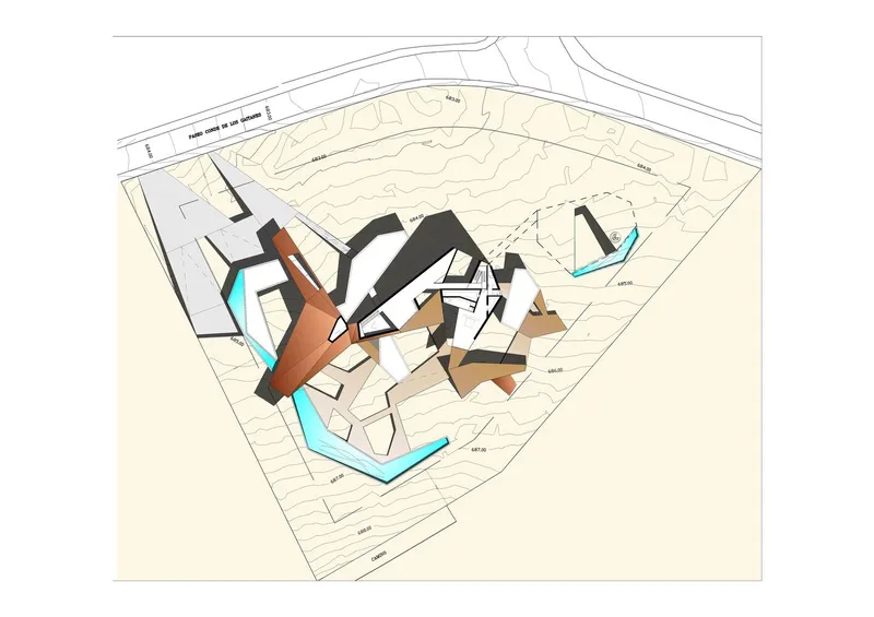 Axonometric drawing with materiality showing copper-clad roofs and dark volumes within the sloped site
