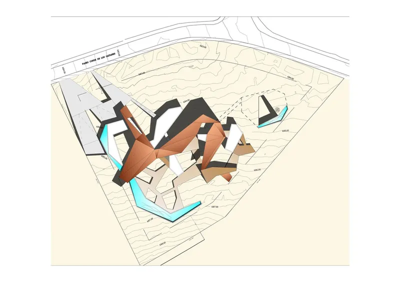 Axonometric drawing with additional copper-clad forms revealing the building composition on terraced topography
