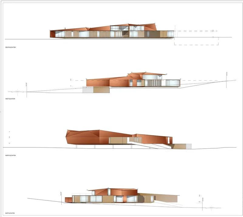 Four elevation drawings showing the low-slung copper-roofed building following the sloping terrain