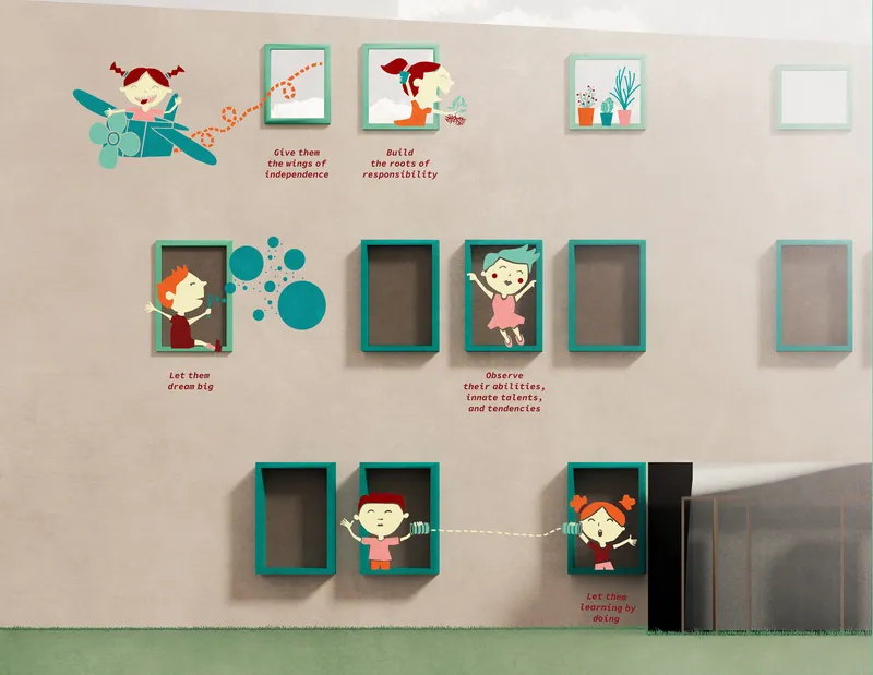 Interior wall installation with teal-framed openings, illustrated children, and text passages on a pale pink surface