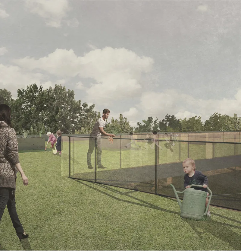 Mesh fence enclosing a grassy play area with children and adults under a cloudy sky