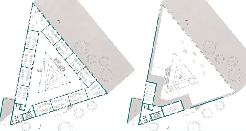 Two floor plan drawings of a triangular school building showing classroom layouts and central courtyard