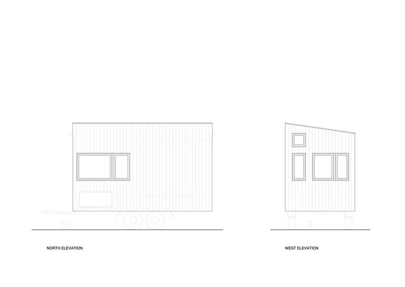 Elevation drawings showing the north and west facades with vertical cladding and window openings