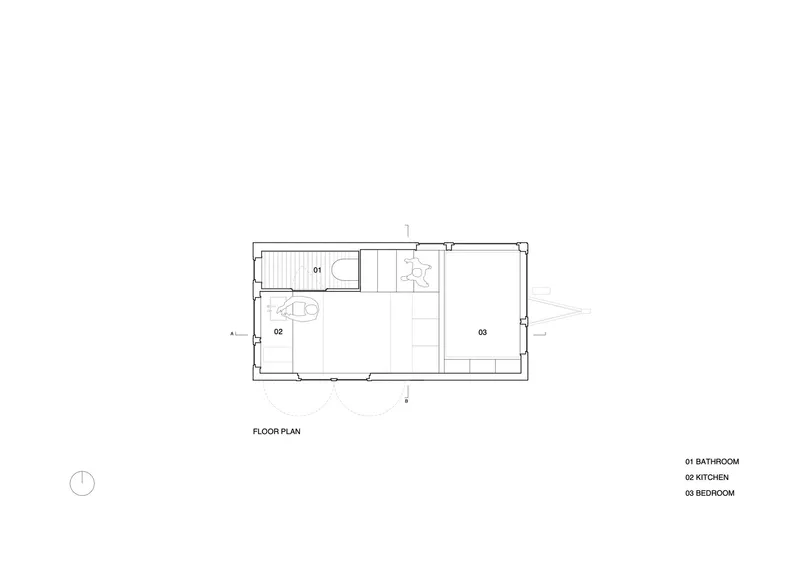 Floor plan drawing showing bathroom, kitchen, and bedroom arranged in a rectangular layout