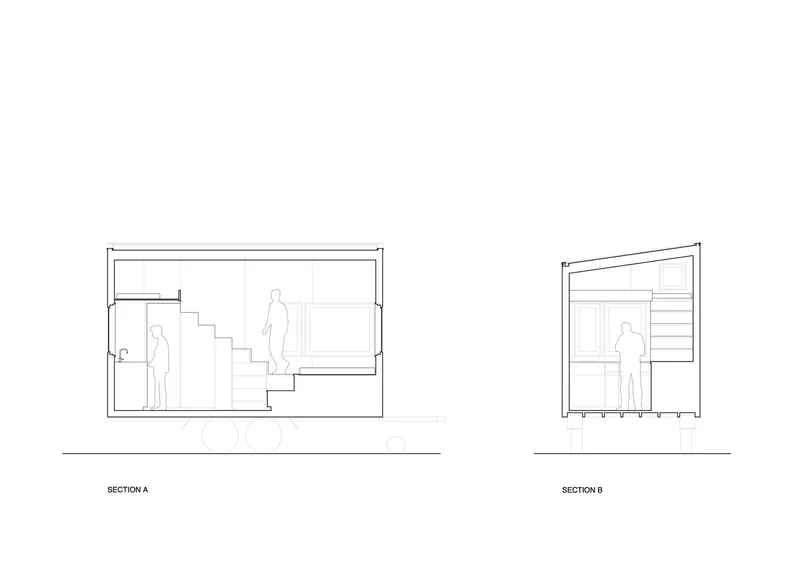 Section drawings showing interior spatial relationships with stairs connecting split levels and human figures for scale
