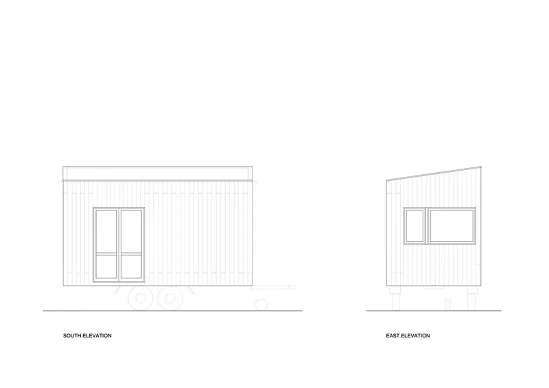 Elevation drawings depicting the vertical wood cladding and window placement on south and east facades