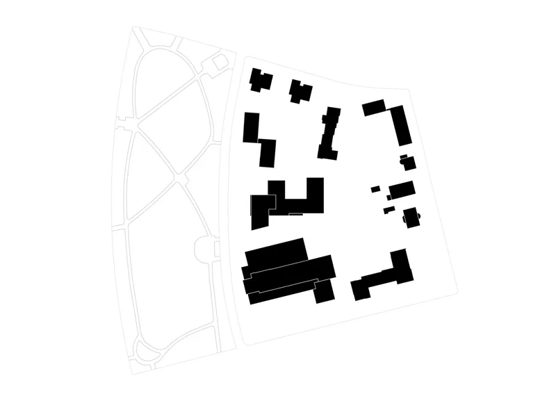 Site plan drawing showing building footprints in solid black among park pathways and landscape elements