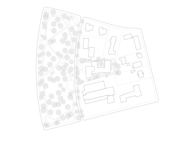 Site plan drawing with tree canopies rendered in grey alongside building outlines and pathways