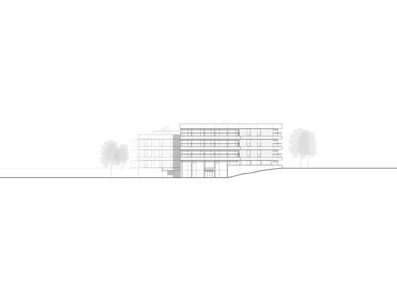 Elevation drawing of a multi-story facade with horizontal banding and entry canopy