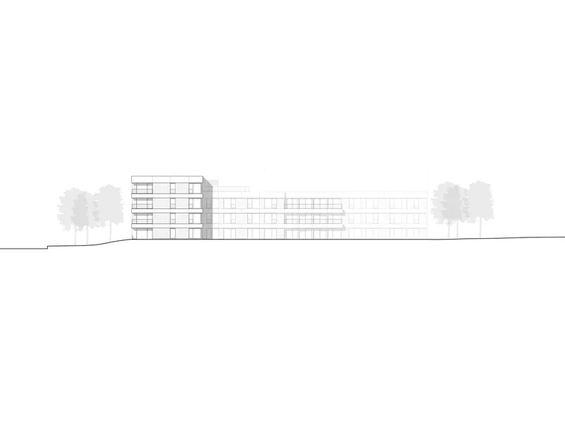 Elevation drawing showing a stepped massing with vertical tower and horizontal wing