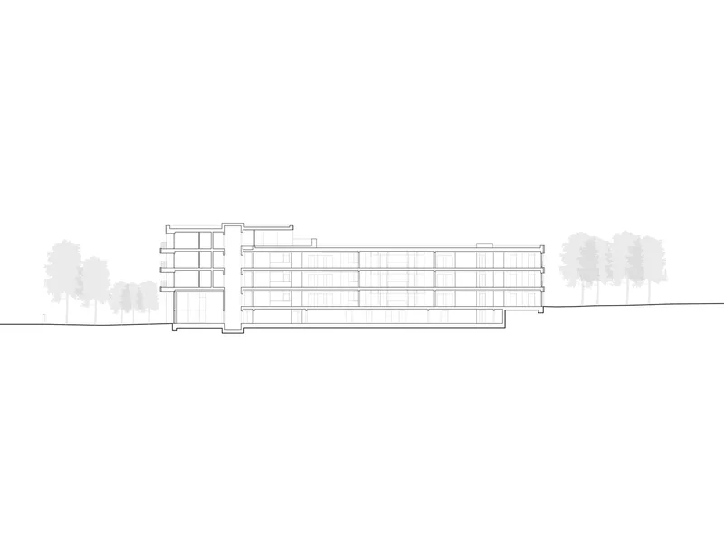 Section drawing showing a horizontal multi-story structure with trees in the landscape beyond