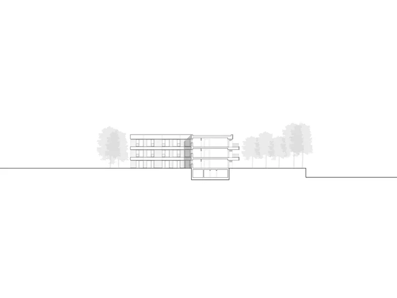 Section drawing revealing two connected volumes with a recessed base and flanking trees
