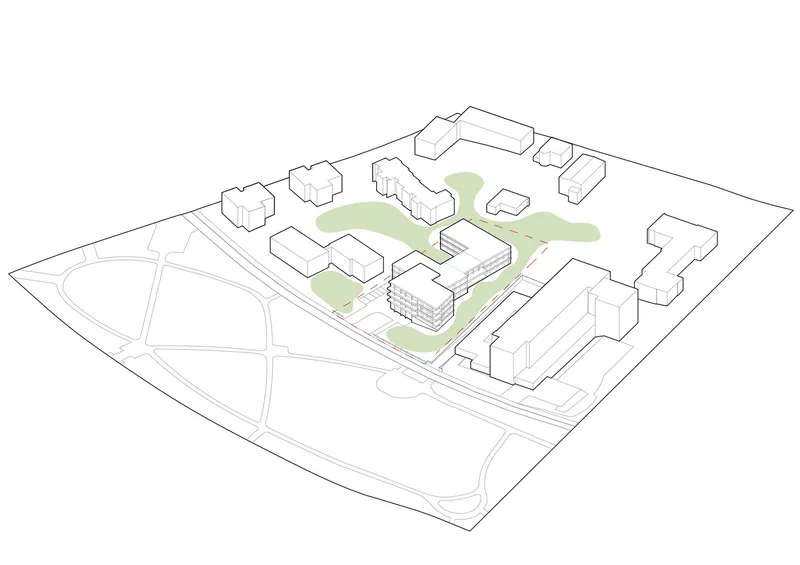 Axonometric site plan with green zones indicating landscape and outdoor spaces around the central building volume