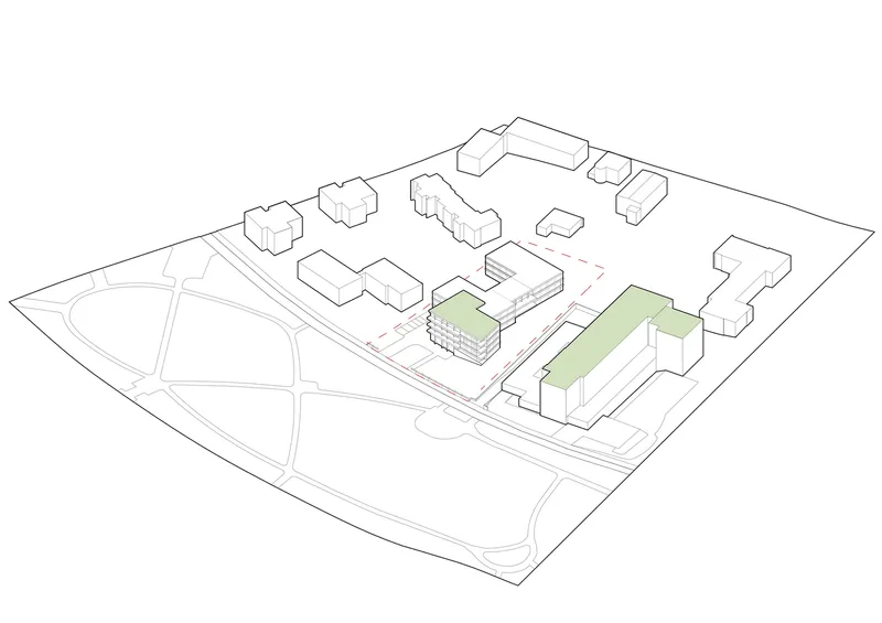 Axonometric site plan highlighting different green roof areas within the urban block