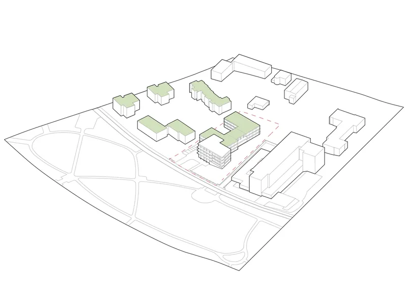 Axonometric site plan with green rooftop volumes among surrounding buildings and roadways