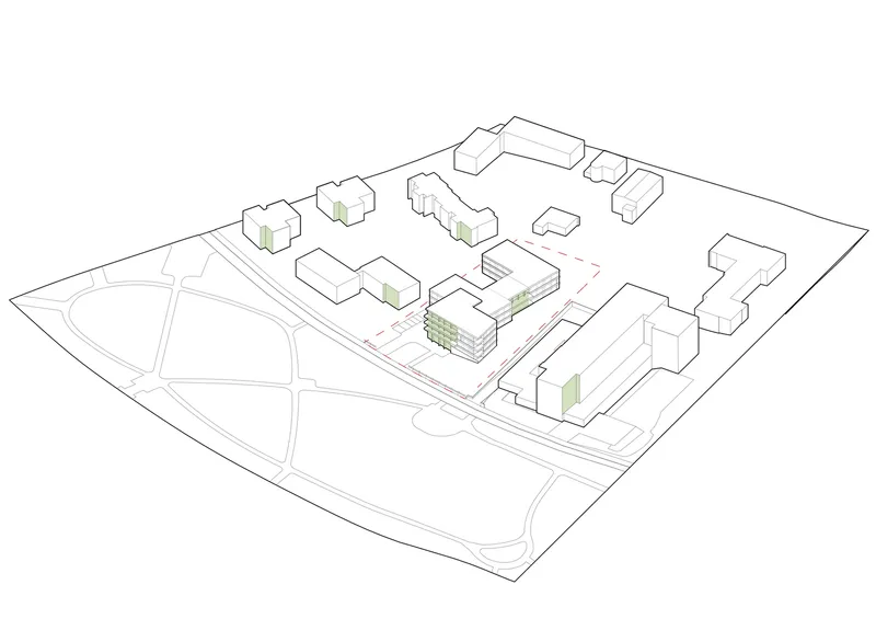 Axonometric site plan showing a multi-story building among existing structures with green accents highlighting planted areas
