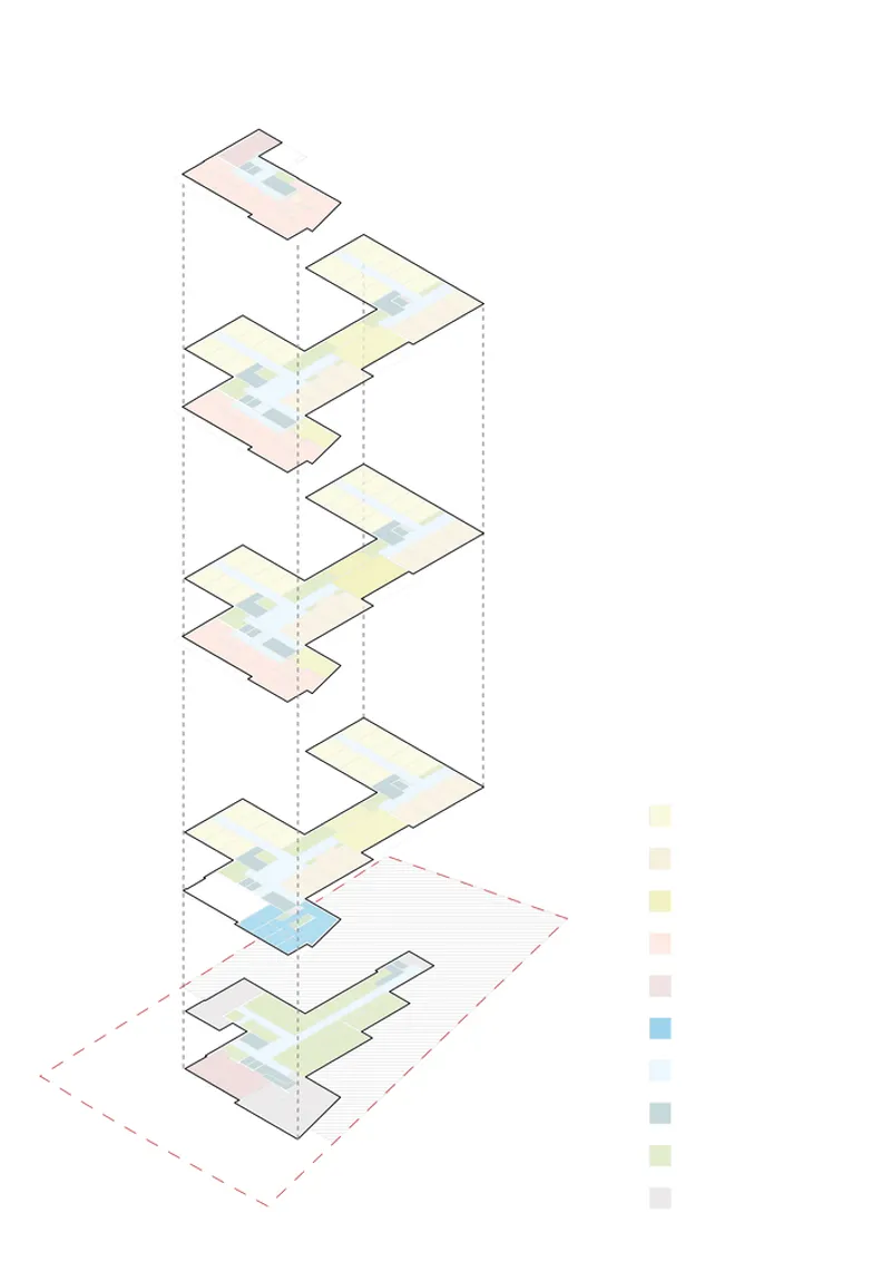 Exploded axonometric drawing showing the vertical stacking of floor plates with color-coded program zones