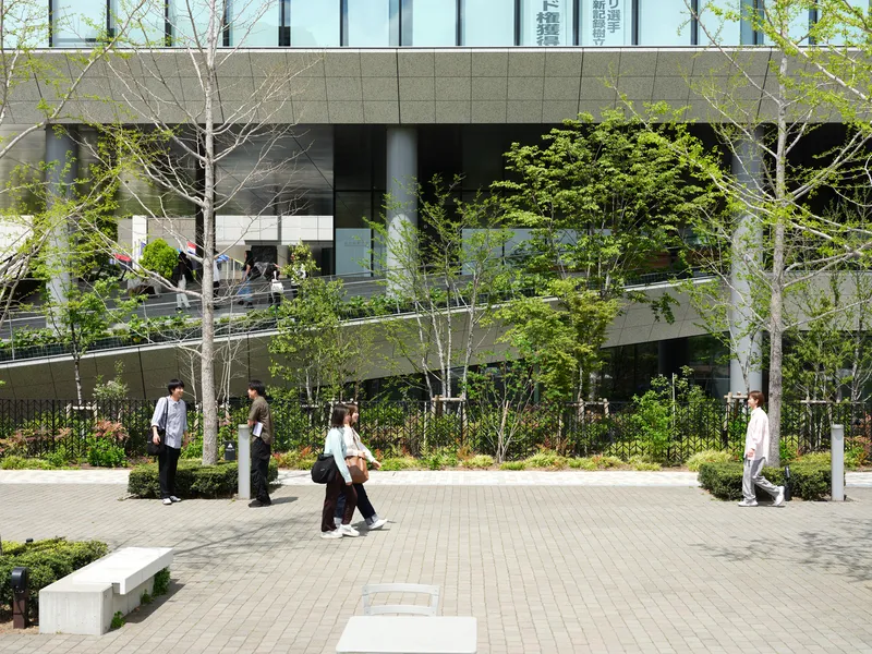 Street-level view of planted plaza with young birch trees and pedestrians passing below concrete colonnade