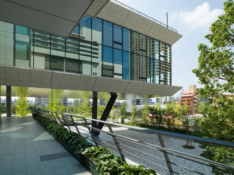 Elevated terrace with steel railing above a reflecting pool bordered by planted beds and trees
