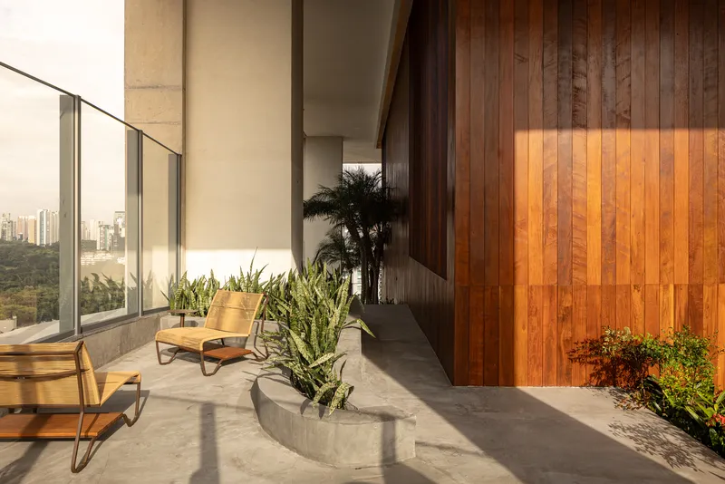 Concrete terrace with curved planter, potted palms, and vertical timber wall in afternoon sunlight