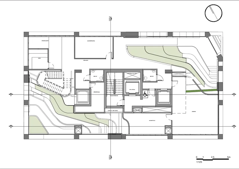Floor plan drawing revealing terraced landscape elements wrapping interior residential spaces