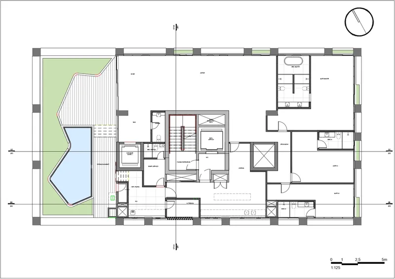 Floor plan drawing showing residential level with exterior terrace and swimming pool