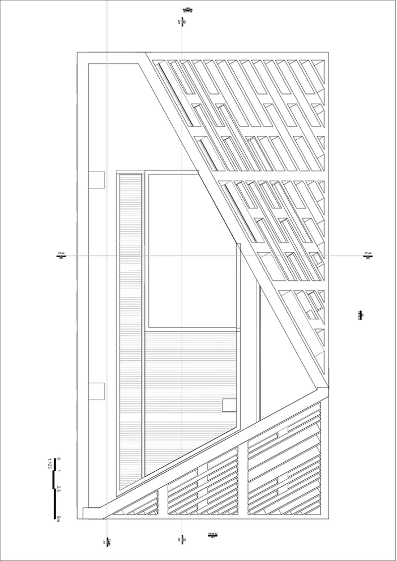 Site plan drawing showing rectangular building footprint with diagonal solar panel arrays and open courtyard