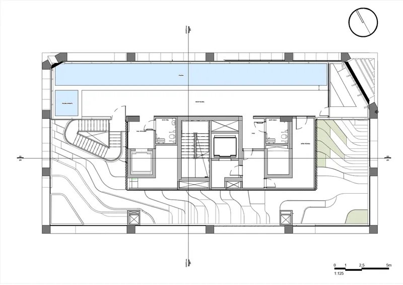 Floor plan drawing showing upper level with rooftop terrace and contoured landscape bands