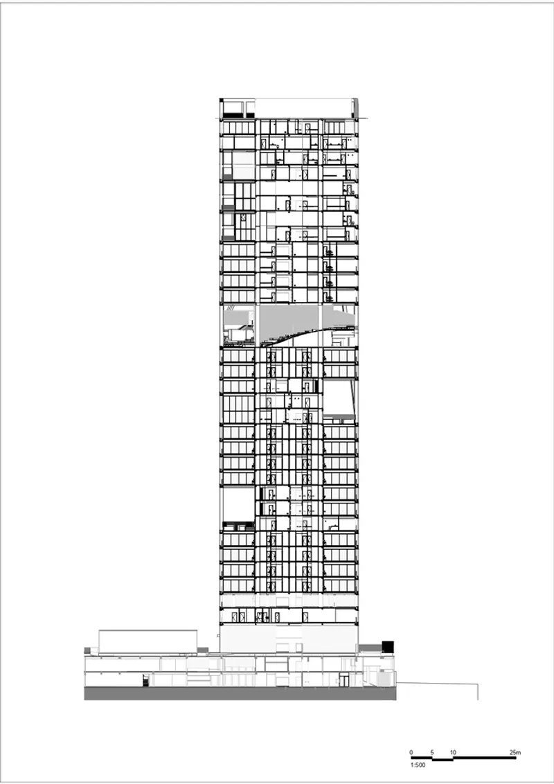 Building section drawing revealing a tall residential tower with exposed floors and mid-height mechanical void