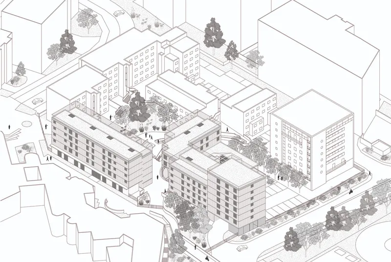 Axonometric drawing showing residential blocks arranged around a central courtyard with trees and pedestrian paths