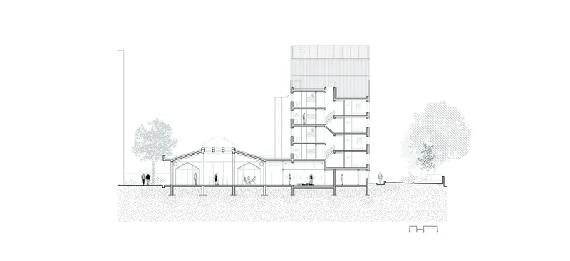 Section drawing showing a low-rise vaulted building adjacent to a multi-story tower with figures and trees