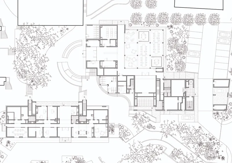 Detailed floor plan drawing showing residential units clustered around curved pathways and planted courtyards
