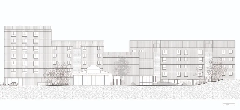 Elevation drawing showing stepped residential volumes connected by a central low-rise pavilion with trees