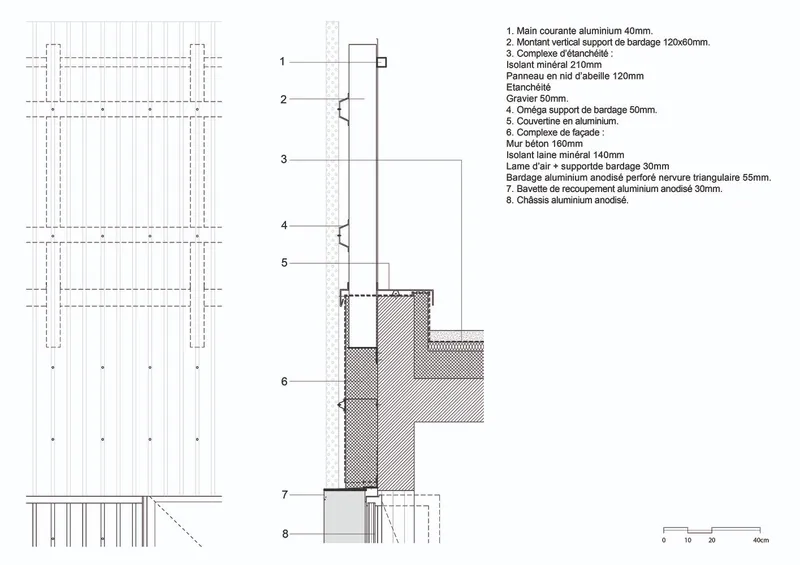 Construction detail drawing showing aluminum facade assembly with labeled insulation and support layers