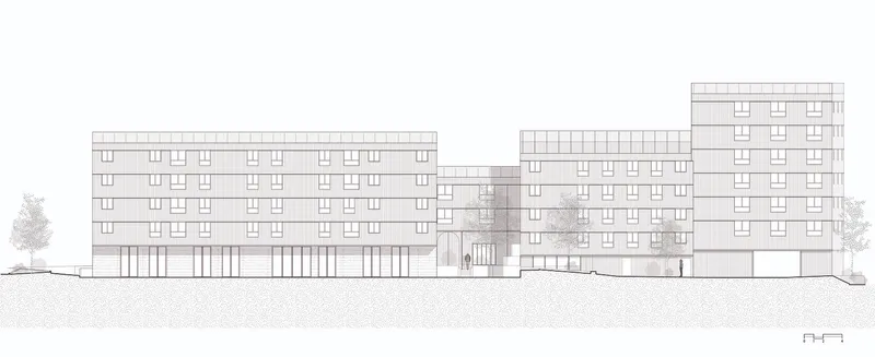 Elevation drawing showing connected residential blocks of varying heights with regularly spaced window openings