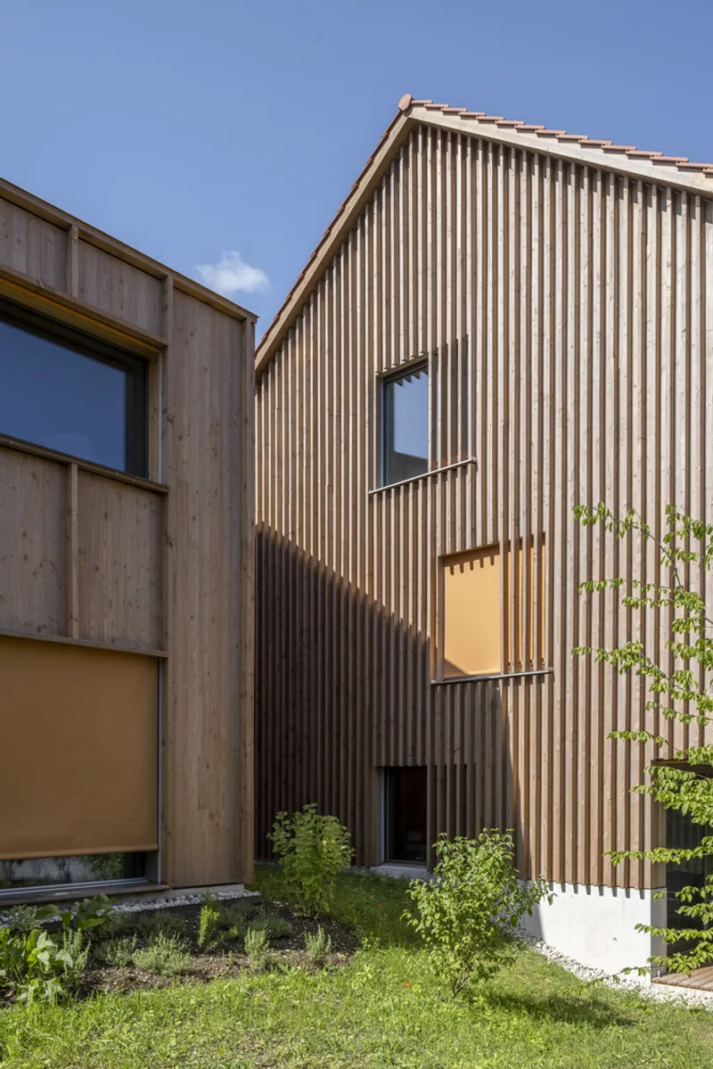 Vertical timber slatted facade with punched windows beside a planted garden bed and young trees