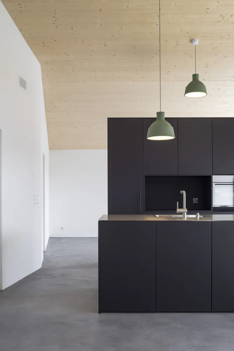 Kitchen island with matte black cabinetry beneath two olive pendant lights and exposed timber ceiling