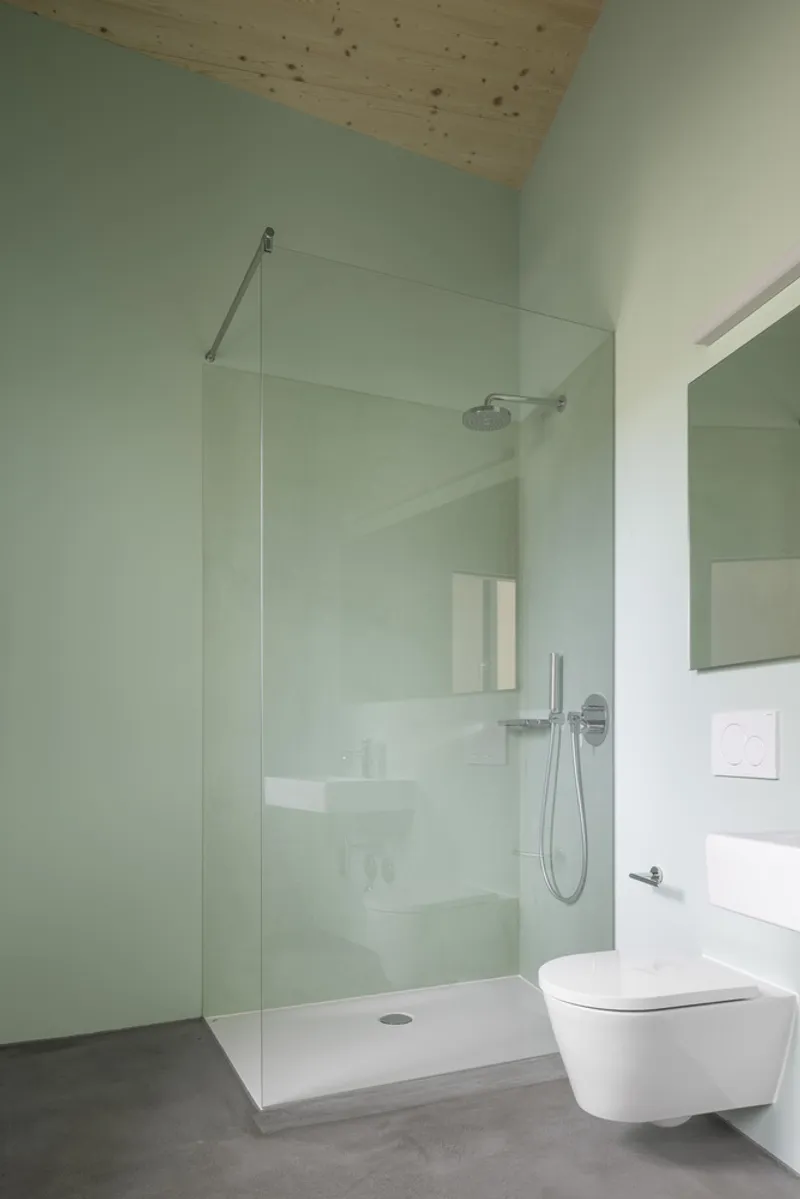 Bathroom with pale green walls, glass shower partition, wall-hung toilet and timber ceiling