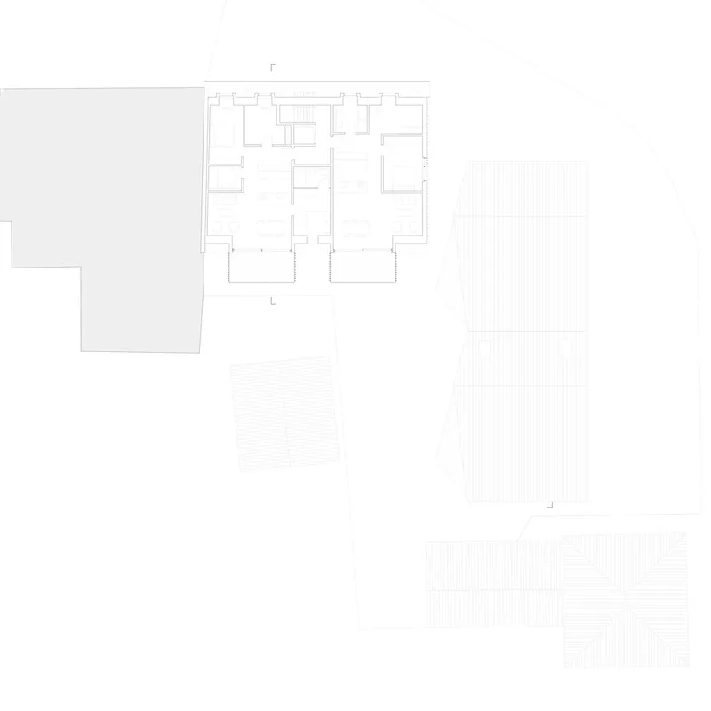 Floor plan drawing showing single level with primary volume and hatched outdoor terraces