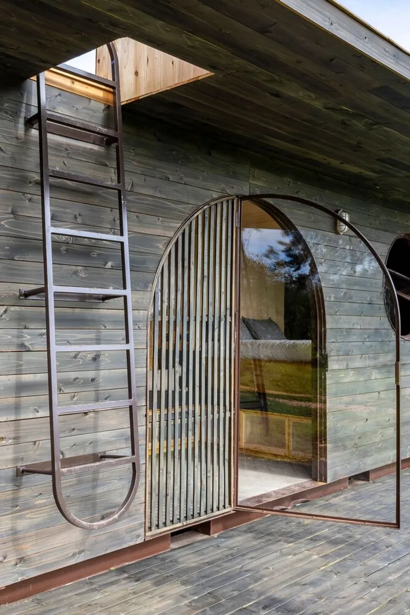 Arched timber and corrugated metal door with metal ladder ascending to roof hatch above