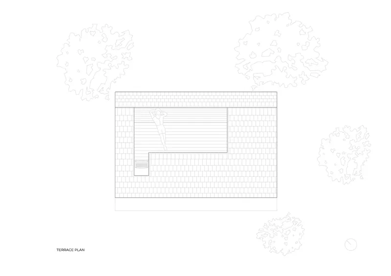 Terrace plan drawing showing rectangular deck, small service volume, and surrounding trees