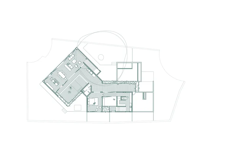Upper level floor plan drawing showing angled room layout with planted courtyard and curved site boundary