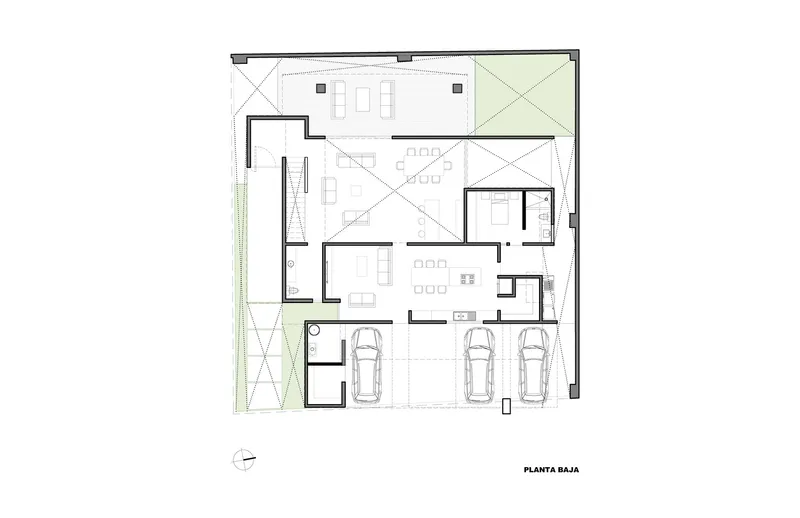 Ground floor plan drawing showing living spaces, a three-car garage, and a planted strip along one edge