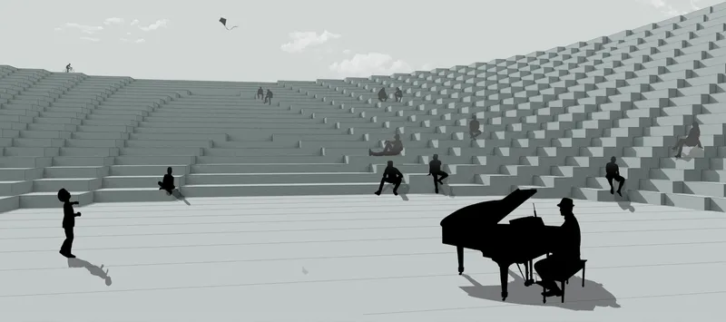 View of the tiered amphitheater seating with a grand piano at the flat performance level