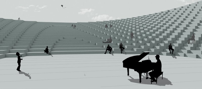 View of the tiered amphitheater seating with a grand piano at the flat performance level