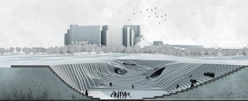 Section rendering revealing the sunken amphitheater bowl and surrounding stepped edges with urban skyline beyond