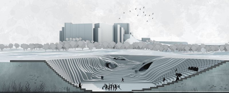Section rendering revealing the sunken amphitheater bowl and surrounding stepped edges with urban skyline beyond