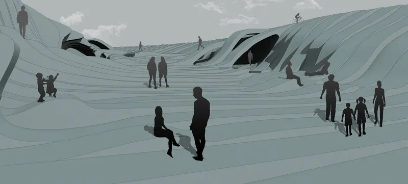 Wide view of the undulating roofscape with visitors walking and sitting on the rippled surface under clouds